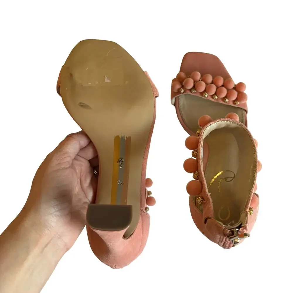 Sam Edelman Women’s Luella Pink Pom Pom Heels Beaded Dress Sandals Size 7.5